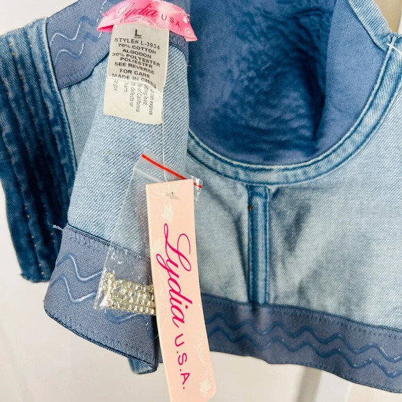 Denim Fringe Rhinestone Corset Top Size Large Sparkle Embellished Festival Conce - Picture 8 of 11